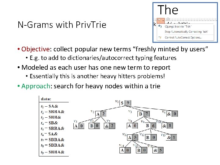 N-Grams with Priv. Trie • Objective: collect popular new terms “freshly minted by users” N-Grams with Priv. Trie • Objective: collect popular new terms “freshly minted by users”