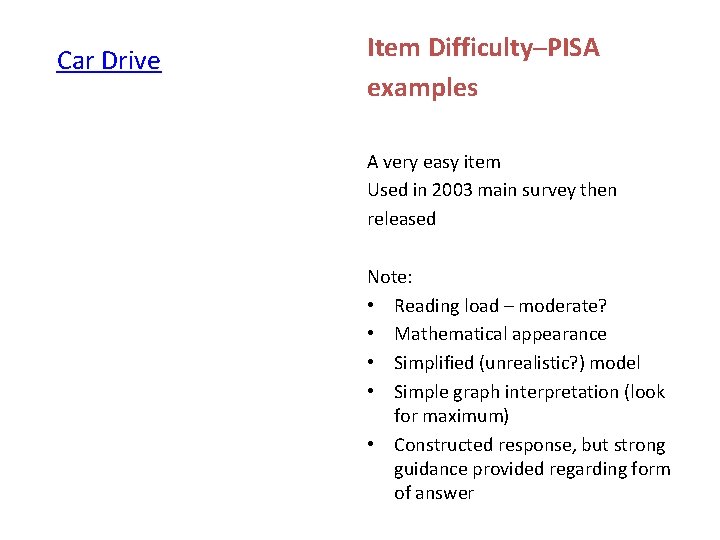  • Car Drive Item Difficulty─PISA examples A very easy item Used in 2003
