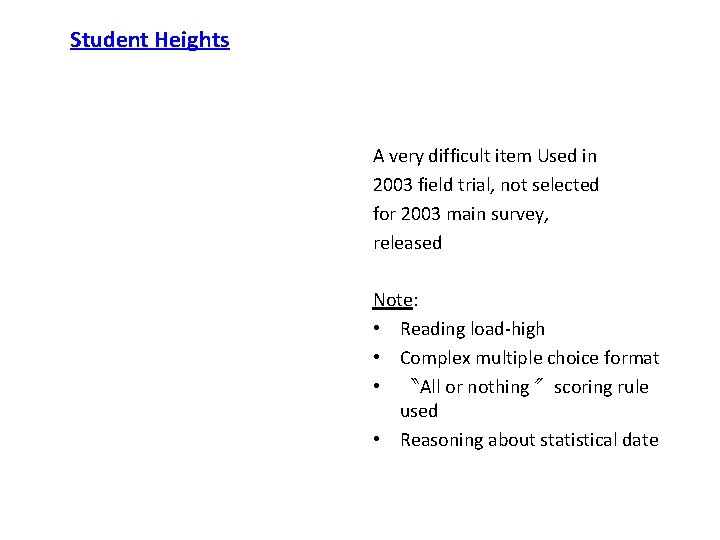 • Student Heights Item difficulty — PISA examples A very difficult item Used