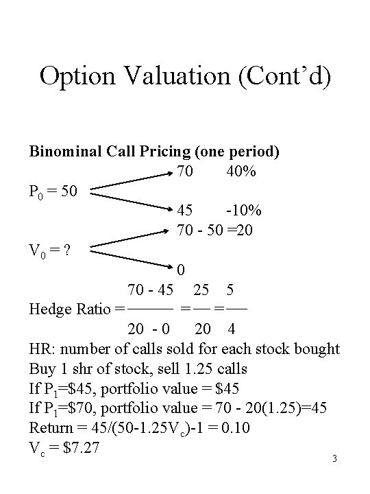 Option Valuation (Cont’d) Binominal Call Pricing (one period) 70 40% P 0 = 50