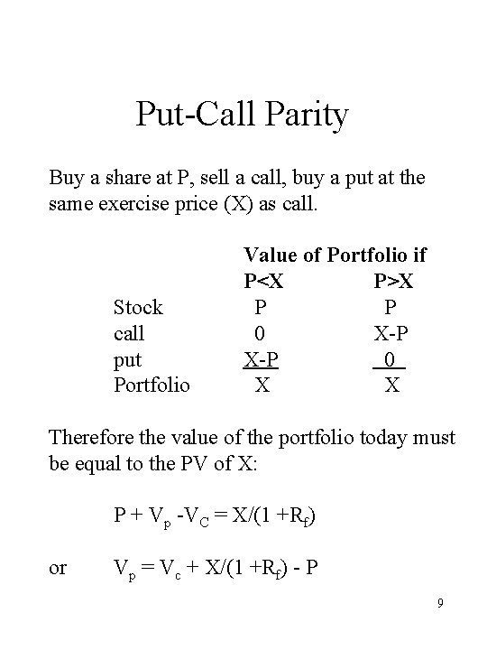 Put-Call Parity Buy a share at P, sell a call, buy a put at