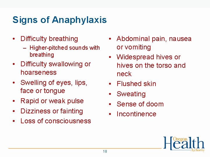 Signs of Anaphylaxis • Difficulty breathing • Abdominal pain, nausea or vomiting • Widespread