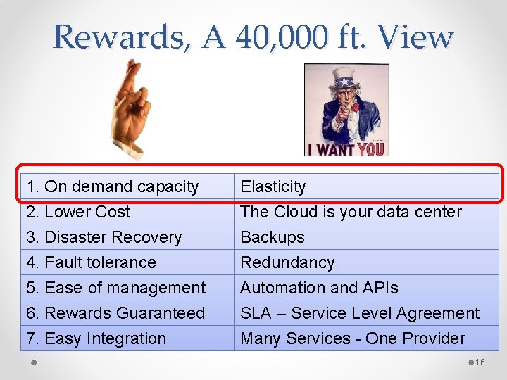 Rewards, A 40, 000 ft. View 1. On demand capacity 2. Lower Cost 3.