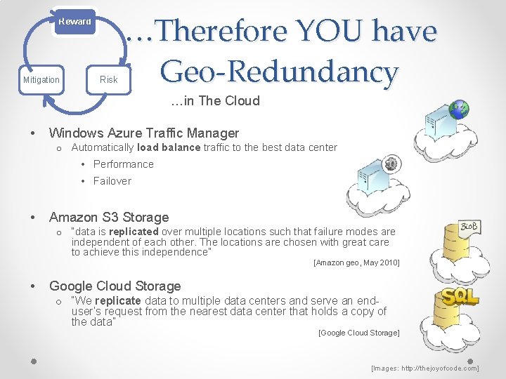 Reward Mitigation Risk …Therefore YOU have Geo-Redundancy …in The Cloud • Windows Azure Traffic
