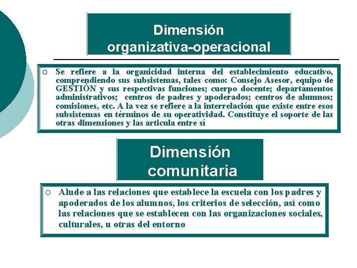 Dimensión organizativa-operacional ¡ Se refiere a la organicidad interna del establecimiento educativo, comprendiendo sus