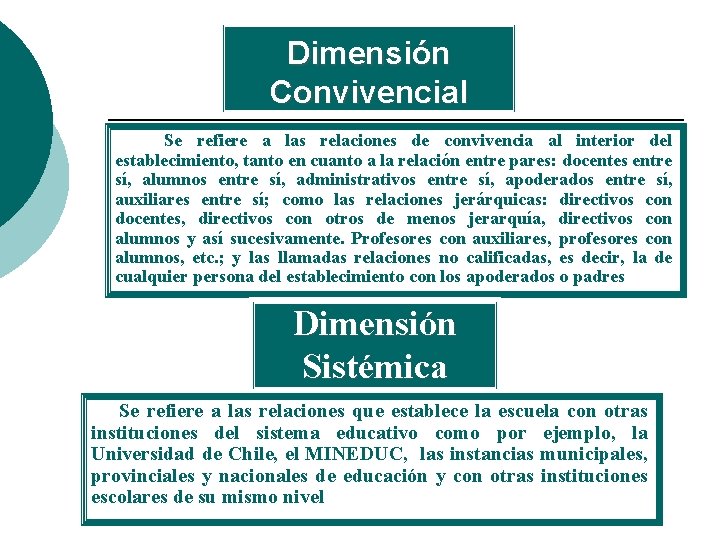 Dimensión Convivencial Se refiere a las relaciones de convivencia al interior del establecimiento, tanto