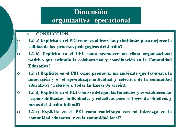 Dimensión organizativa- operacional CONDUCCIÓN. 1. 2 -a) Explicito en el PEI como establezco las