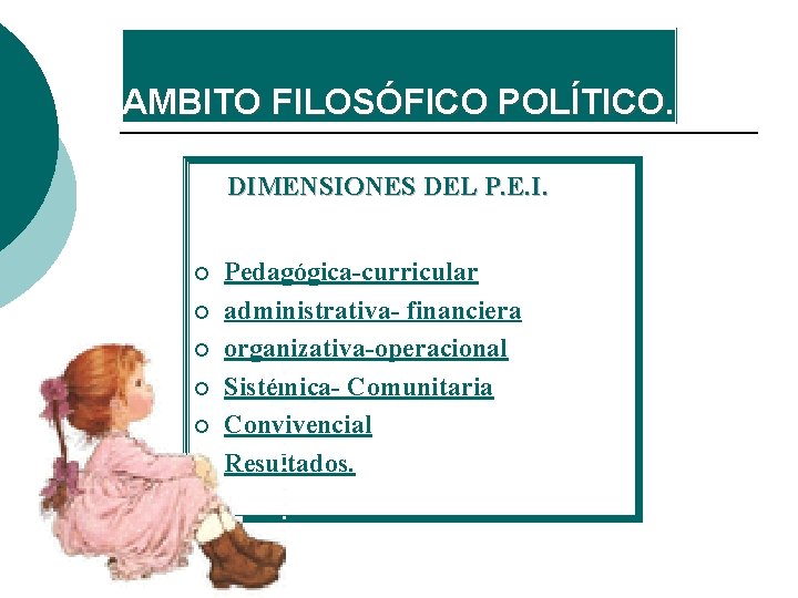 AMBITO FILOSÓFICO POLÍTICO. DIMENSIONES DEL P. E. I. ¡ ¡ ¡ Pedagógica-curricular administrativa- financiera