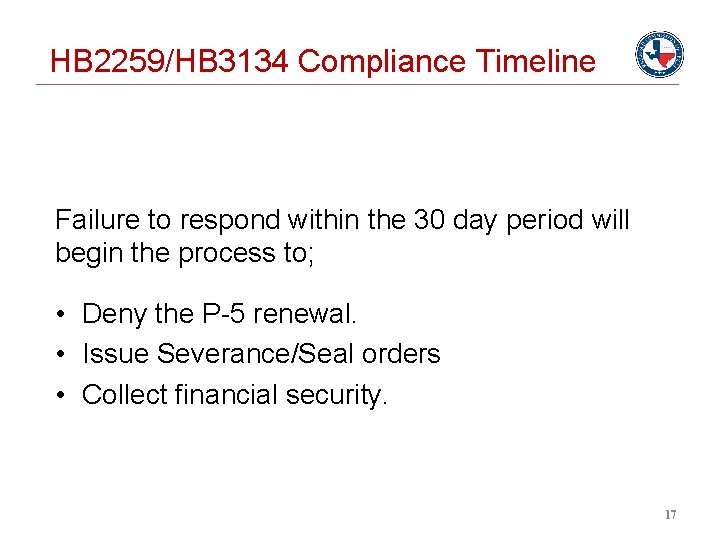 HB 2259/HB 3134 Compliance Timeline Failure to respond within the 30 day period will