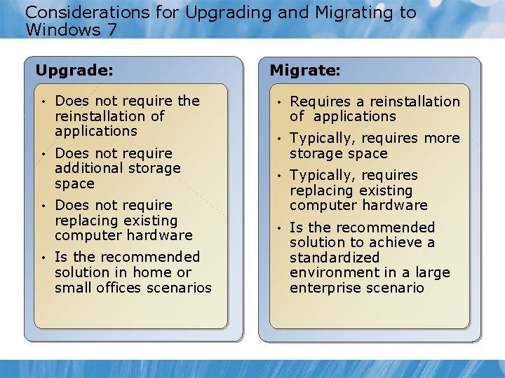 Considerations for Upgrading and Migrating to Windows 7 Upgrade: • Does not require the