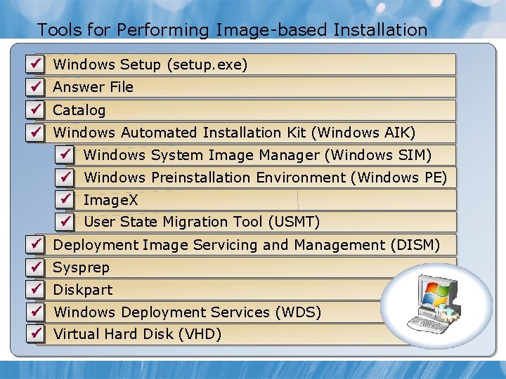 Tools for Performing Image-based Installation ü Windows Setup (setup. exe) ü Answer File ü