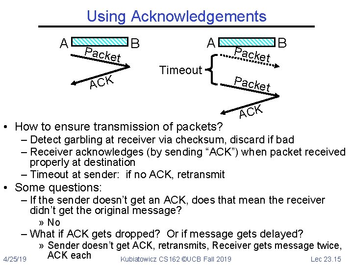 Using Acknowledgements A t ACK A B Packe Timeout • How to ensure transmission