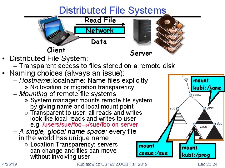 Distributed File Systems Read File Network Client Data • Distributed File System: Server –