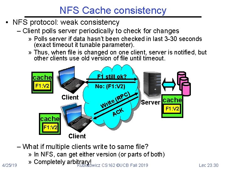 NFS Cache consistency • NFS protocol: weak consistency – Client polls server periodically to