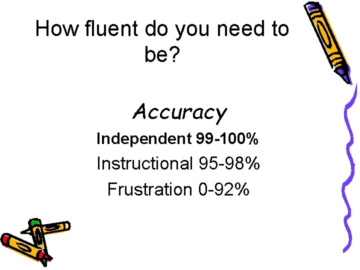 How fluent do you need to be? Accuracy Independent 99 -100% Instructional 95 -98%