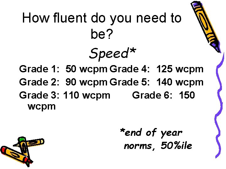 How fluent do you need to be? Speed* Grade 1: 50 wcpm Grade 4: