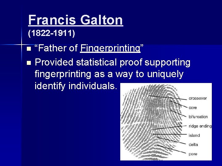 Francis Galton (1822 -1911) “Father of Fingerprinting” n Provided statistical proof supporting fingerprinting as