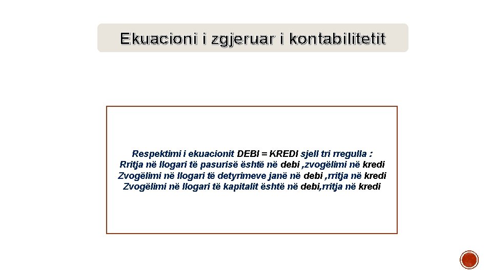 Ekuacioni i zgjeruar i kontabilitetit Respektimi i ekuacionit DEBI = KREDI sjell tri rregulla