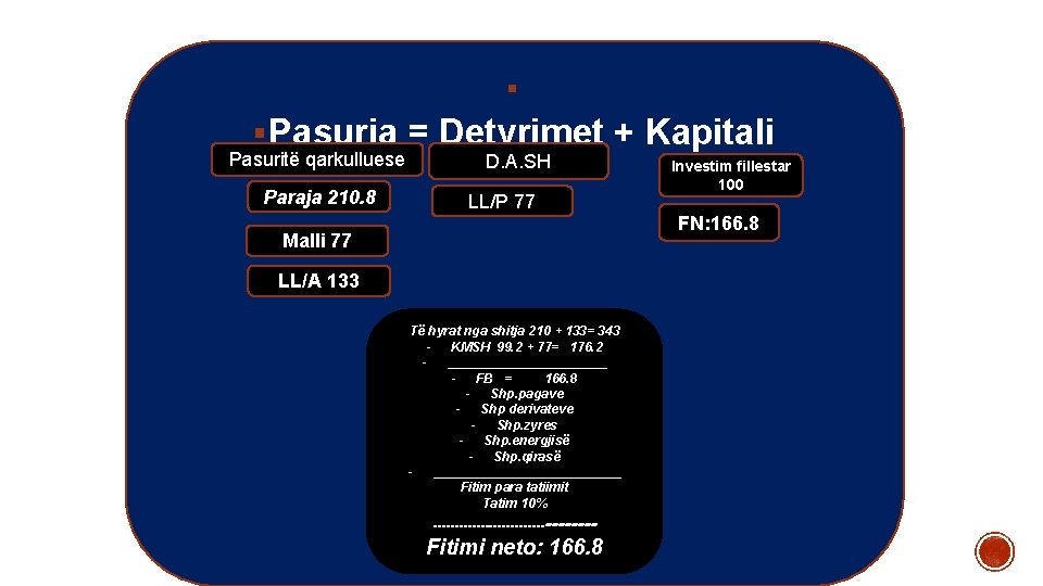 § § Pasuria = Detyrimet + Kapitali Pasuritë qarkulluese Paraja 210. 8 D. A.