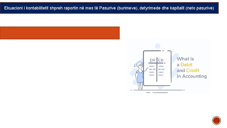 Ekuacioni i kontabilitetit shpreh raportin në mes të Pasurive (burimeve), detyrimede dhe kapitalit (neto