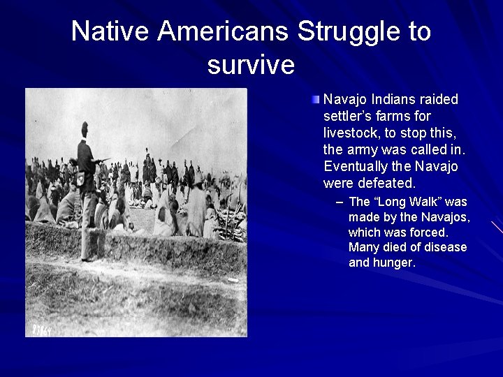 Native Americans Struggle to survive Navajo Indians raided settler’s farms for livestock, to stop