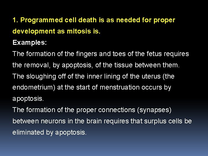 1. Programmed cell death is as needed for proper development as mitosis is. Examples: