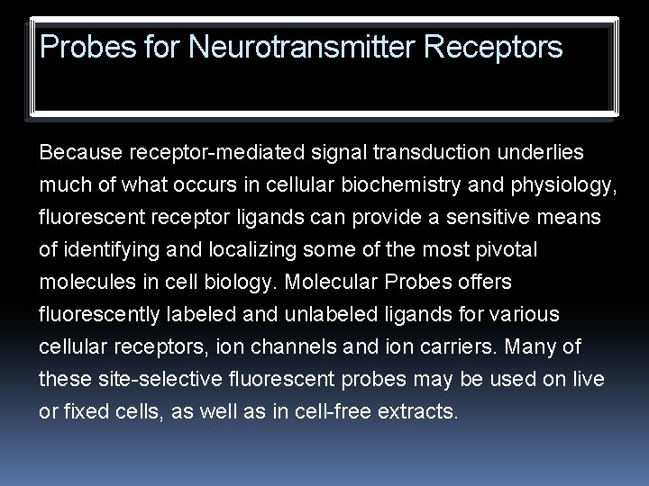 Probes for Neurotransmitter Receptors Because receptor-mediated signal transduction underlies much of what occurs in