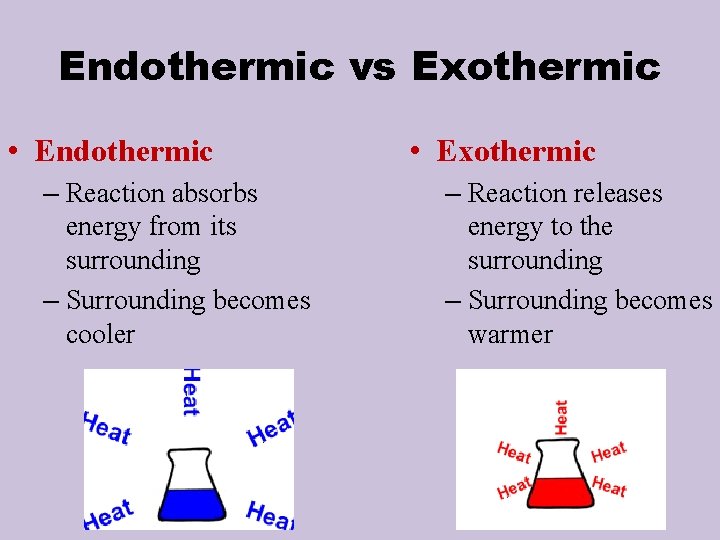 Endothermic vs Exothermic • Endothermic – Reaction absorbs energy from its surrounding – Surrounding