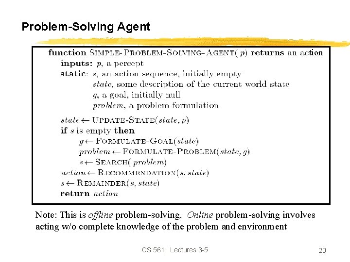 Problem-Solving Agent tion Note: This is offline problem-solving. Online problem-solving involves acting w/o complete