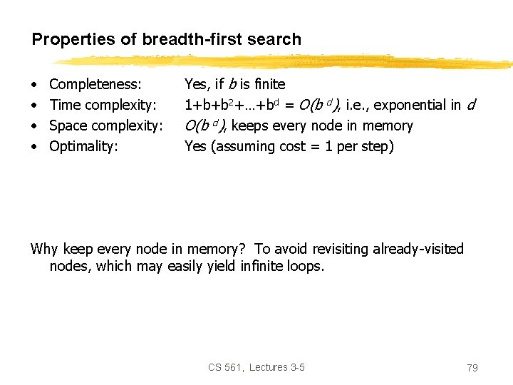 Properties of breadth-first search • • Completeness: Time complexity: Space complexity: Optimality: Yes, if