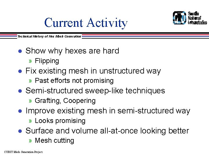 Current Activity Technical History of Hex Mesh Generation l Show why hexes are hard
