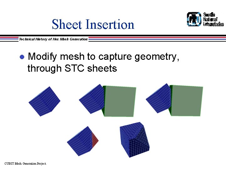 Sheet Insertion Technical History of Hex Mesh Generation l Modify mesh to capture geometry,