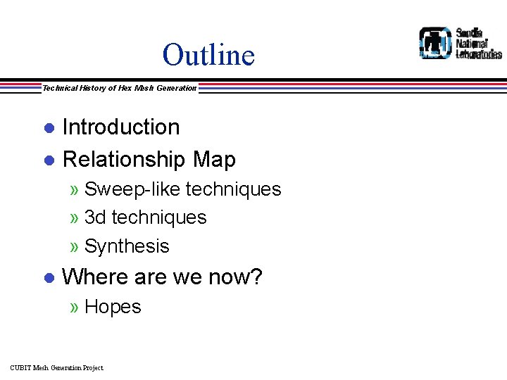 Outline Technical History of Hex Mesh Generation Introduction l Relationship Map l » Sweep-like