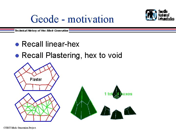 Geode - motivation Technical History of Hex Mesh Generation Recall linear-hex l Recall Plastering,