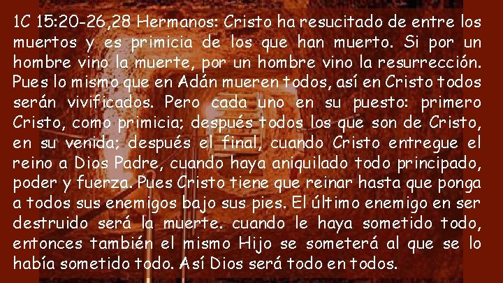 1 C 15: 20 -26, 28 Hermanos: Cristo ha resucitado de entre los muertos
