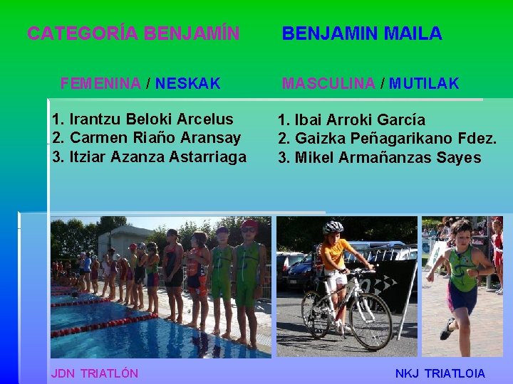 CATEGORÍA BENJAMÍN FEMENINA / NESKAK 1. Irantzu Beloki Arcelus 2. Carmen Riaño Aransay 3.