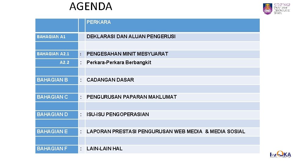 4 AGENDA BAHAGIAN A 1 PERKARA : DEKLARASI DAN ALUAN PENGERUSI BAHAGIAN A 2.