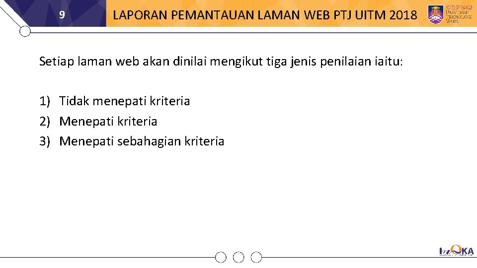 9 LAPORAN PEMANTAUAN LAMAN WEB PTJ UITM 2018 Setiap laman web akan dinilai mengikut