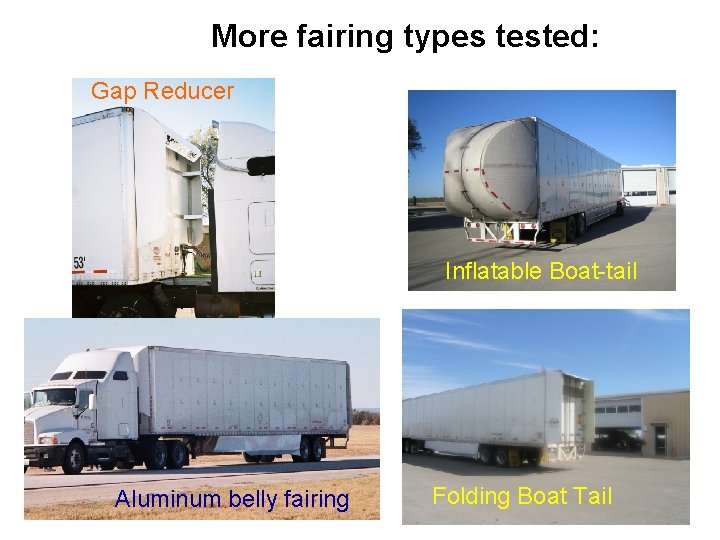 More fairing types tested: Gap Reducer Inflatable Boat-tail Aluminum belly fairing Folding Boat Tail More fairing types tested: Gap Reducer Inflatable Boat-tail Aluminum belly fairing Folding Boat Tail