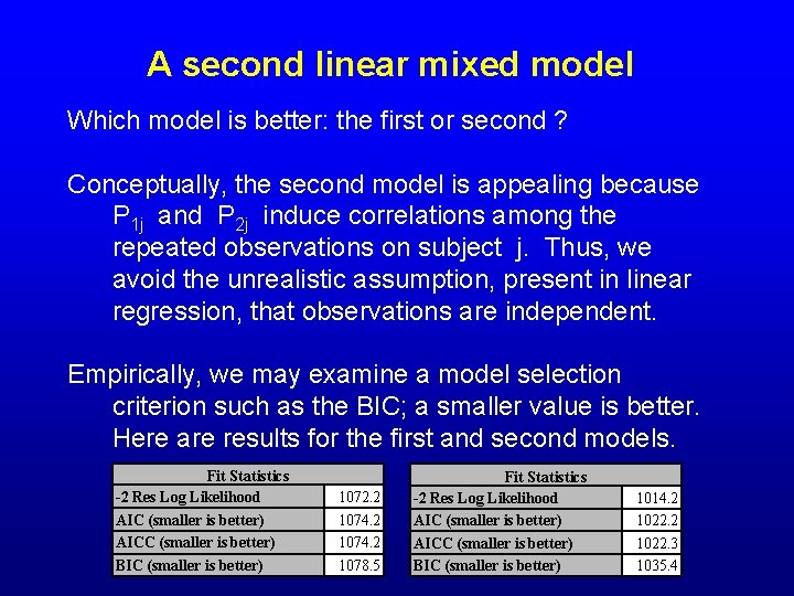 A second linear mixed model Which model is better: the first or second ?