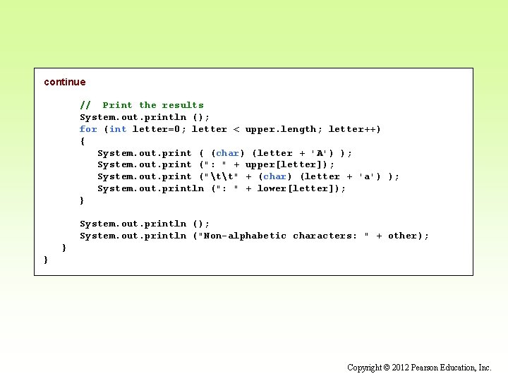 continue // Print the results System. out. println (); for (int letter=0; letter < continue // Print the results System. out. println (); for (int letter=0; letter <
