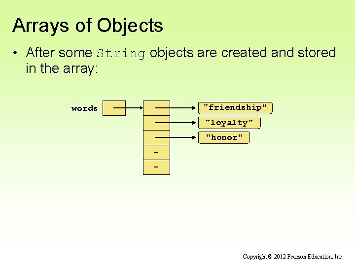 Arrays of Objects • After some String objects are created and stored in the Arrays of Objects • After some String objects are created and stored in the