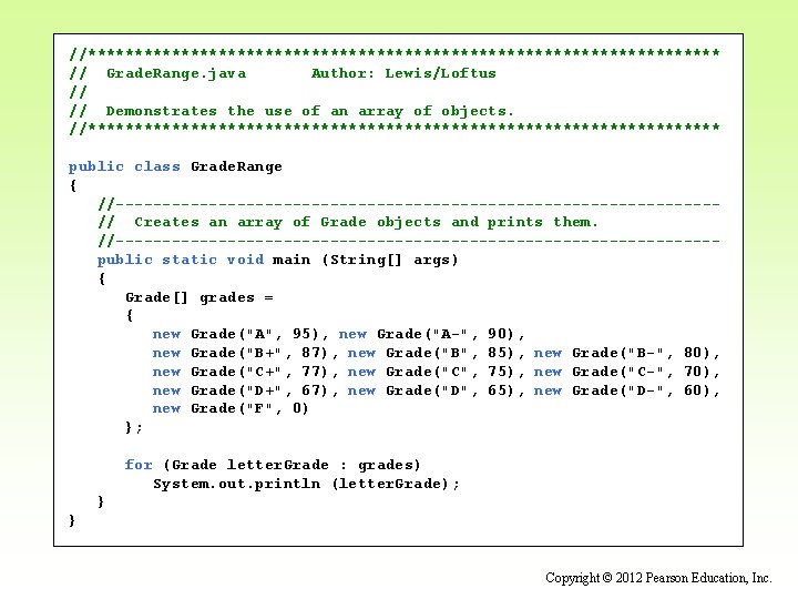 //********************************** // Grade. Range. java Author: Lewis/Loftus // // Demonstrates the use of an //********************************** // Grade. Range. java Author: Lewis/Loftus // // Demonstrates the use of an