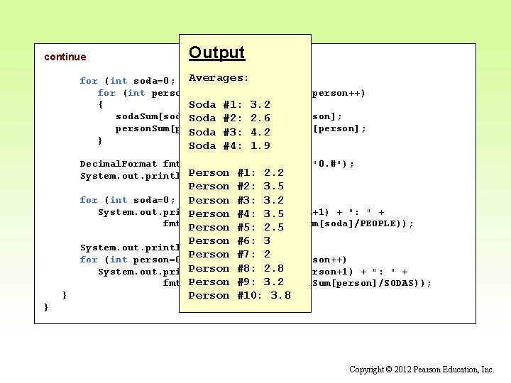 continue Output Averages: for (int soda=0; soda < SODAS; soda++) for (int person=0; person continue Output Averages: for (int soda=0; soda < SODAS; soda++) for (int person=0; person
