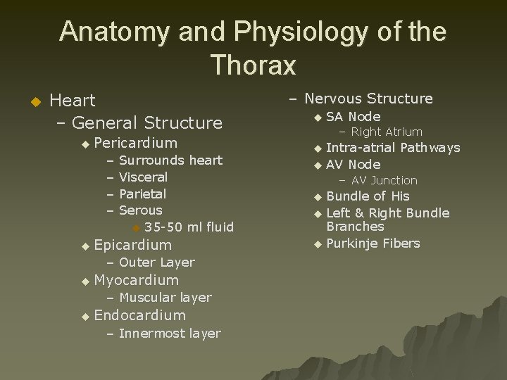 Anatomy and Physiology of the Thorax u Heart – General Structure u Pericardium –