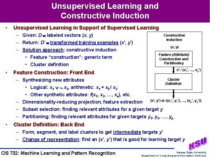 Unsupervised Learning and Constructive Induction • Unsupervised Learning in Support of Supervised Learning –