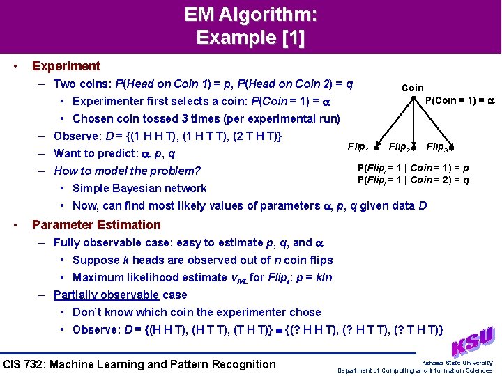 EM Algorithm: Example [1] • Experiment – Two coins: P(Head on Coin 1) =