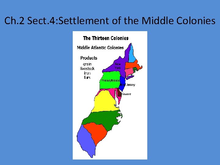 Ch. 2 Sect. 4: Settlement of the Middle Colonies Ch. 2 Sect. 4: Settlement of the Middle Colonies
