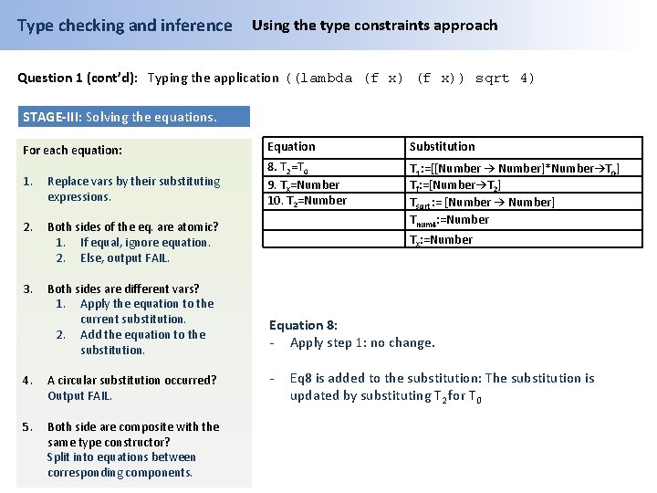 Type checking and inference Using the type constraints approach Question 1 (cont’d): Typing the
