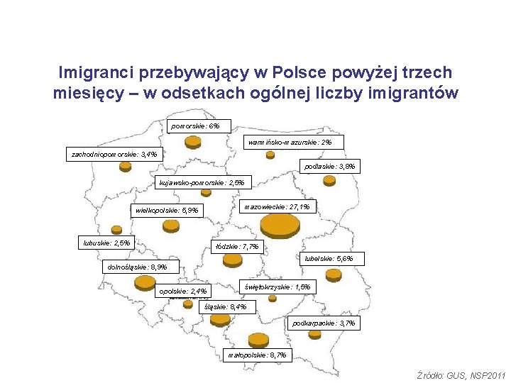 Imigranci przebywający w Polsce powyżej trzech miesięcy – w odsetkach ogólnej liczby imigrantów pomorskie: